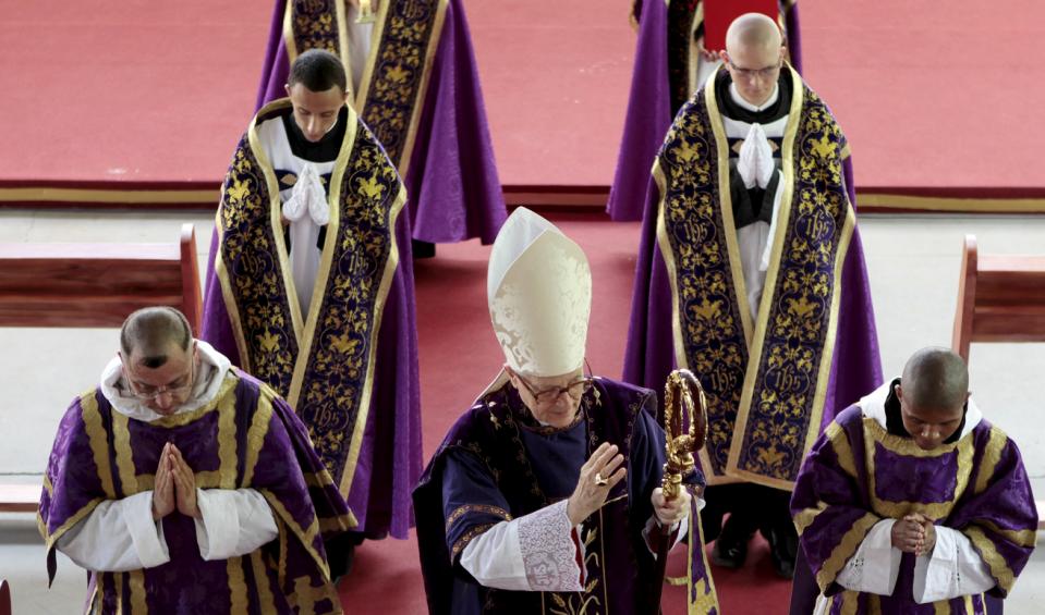 French Bishop Jean-Michel Faure walks during a mass in Nova Friburgo